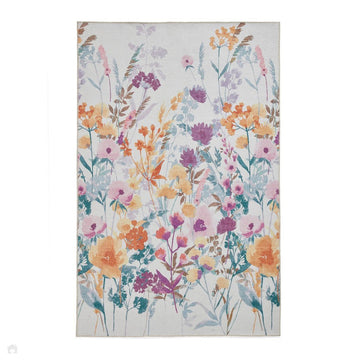Washable Catherine Lansfield Country Floral Lightweight Printed Polyester Flatweave Cream/Yellow/Coral/Lilac Rug-Think Rugs-Rug Love - The Most Loved Rug Store